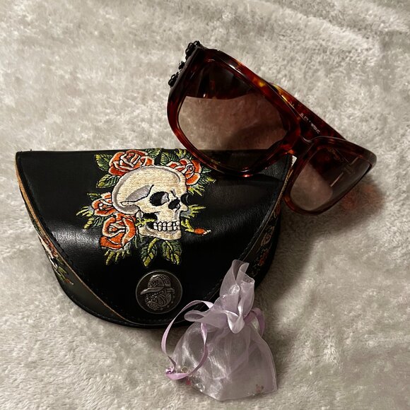RARE/ED HARDY TATTOO Sunglasses Black Skull & Roses EHS001 Crystals W/Case - Picture 1 of 16